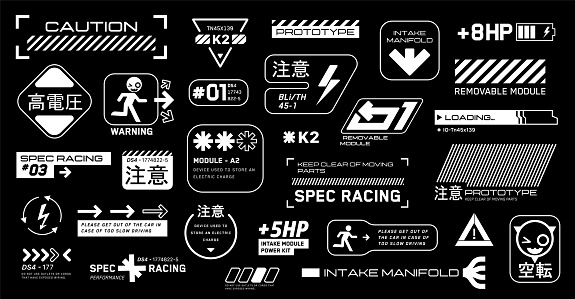 Cyberpunk motorsport decals set. Set of vector stickers and labels in futuristic style. Inscriptions and symbols, Japanese hieroglyphs for, attention, high voltage, warning, spec racing.