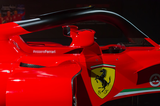 Maranello, Italy, 13 August 2020: close-up of a Ferrari F1 car in the museum. Profile view.