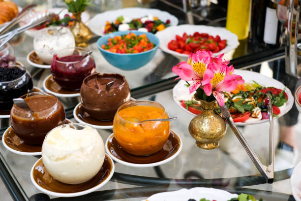 istock chocolate mousse, apricot sauce, berry confit on the buffet table 1423437414