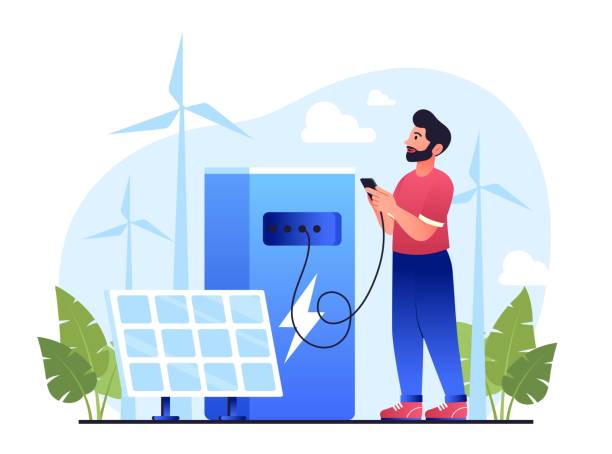 ilustrações de stock, clip art, desenhos animados e ícones de solar recharge station - man energy turbine