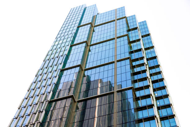 Low angle view of modern office building, skyscrapers, Sydney CBD Australia, white background with copy space, full frame horizontal composition