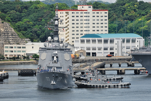 Kanagawa Prefecture, Japan - May 16, 2010:Japan Maritime Self-Defense Force JS Atago (DDG-177), Atago-class destroyer departing from Yokosuka Port in Japan.