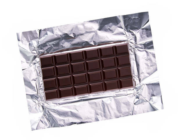 istock Dark chocolate bar in foil isolated on white background, top view. 1423451848