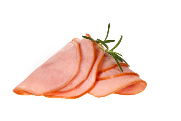 istock Pork ham slices isolated on white background 1423453526