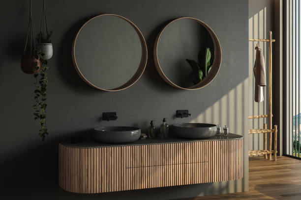 istock Modern bathroom interior with dark brown parquet floor, two black sinks, double mirrors, interior plants, dark walls. Minimalist bathroom with modern furniture. 3D rendering 1423454873