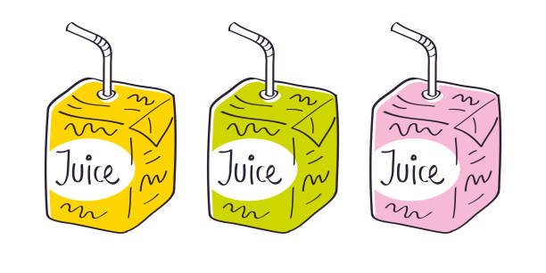 Juice box with straw illustration Orange, green and pink juice box with straw isolated cartoon vector illustration. juice bar stock illustrations