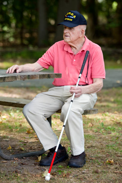 istock Blind Korean War Veteran sitting in park with walking stick 1423458059