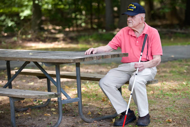istock Blind Korean War Veteran sitting in park 1423458108