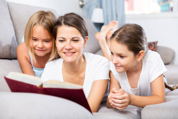 istock Woman reading book to daughters on sofa 1423458302
