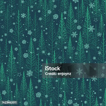 istock Seamless green winter forest background 1423462011