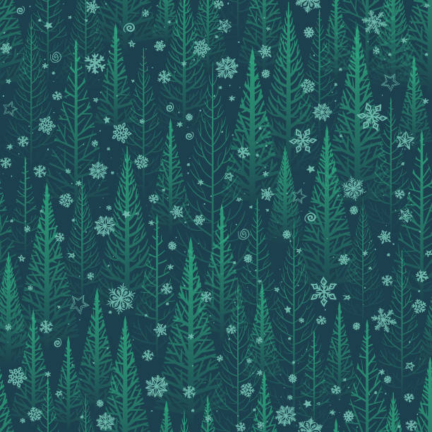 Seamless green winter forest background Seamless green winter vector trees or forest with snow flakes Christmas background. winter backgrounds stock illustrations