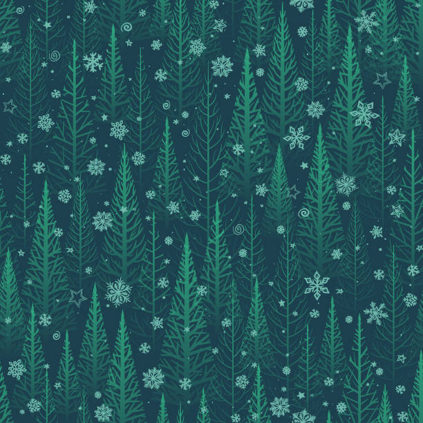 Seamless green winter forest background Seamless green winter vector trees or forest with snow flakes Christmas background. wallpaper sample stock illustrations