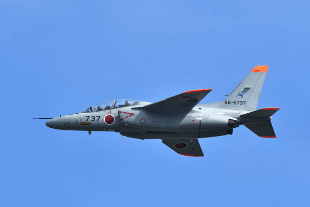 Japan Air Self-Defense Force Kawasaki T-4 training aircraft. Aomori Prefecture, Japan - September 11, 2022:Japan Air Self-Defense Force Kawasaki T-4 training aircraft. misawa japan stock pictures, royalty-free photos & images