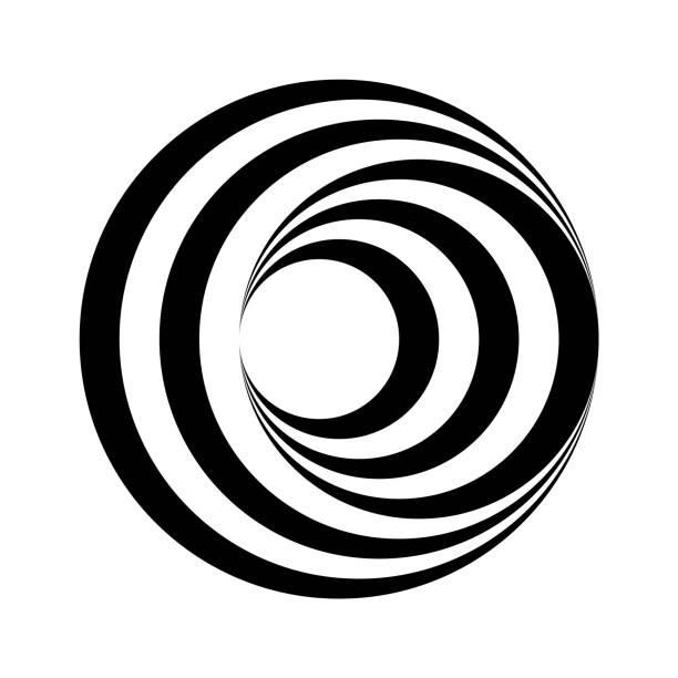Op art circle. Black and white stripes make optical illusion. Swirl rotation effect. Sphere tunnel visual trick. Symmetric round object with a feel of perspective depth. Vector illustration, clip art. op art stock illustrations