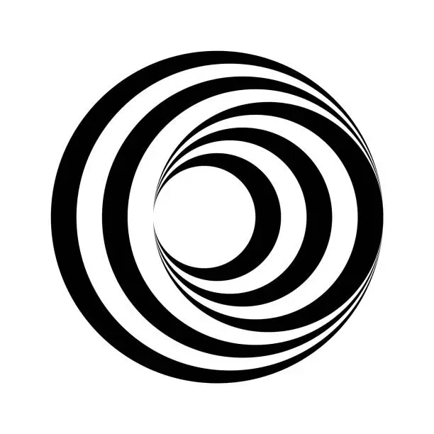 Vector illustration of Op art circle. Black and white stripes make optical illusion. Swirl rotation effect.