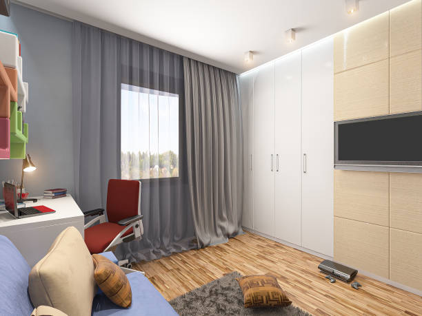 E-design illustration for a boy's bedroom in a small apartment. Interior design of a children's room in a smart apartment. 3d render of an interior in a modern style in bright colors stock photo