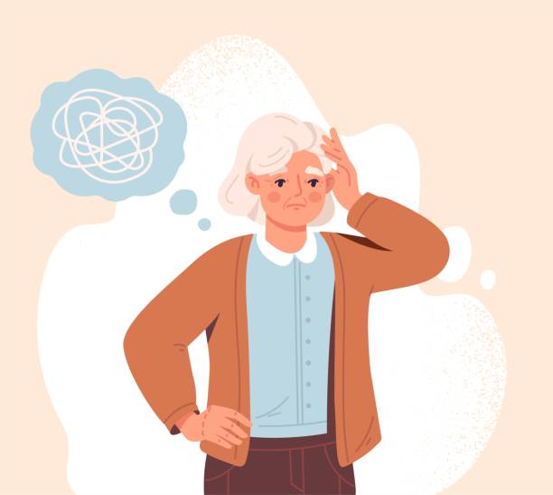 Alzheimer disease concept Alzheimer disease concept. Old woman with dementia or memory loss with confused thoughts. Grandmother with Parkinson disease not remember. Treatment and prevention. Cartoon flat vector illustration sad woman thinking stock illustrations