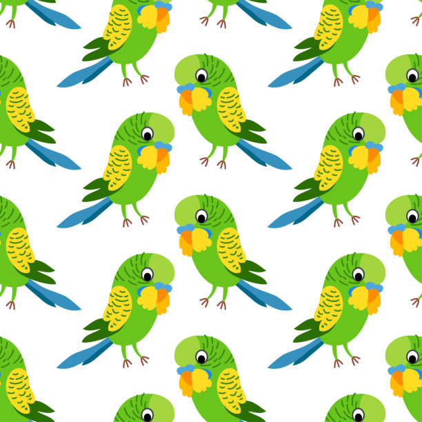 Seamless budgerigar parrot background for kids. Cute children design Seamless budgerigar parrot bird bullfinches background for kids. Cute children design template. Bright icons for textile, wrapping paper, greeting cards or posters for kindergarten blue budgies cartoons stock illustrations