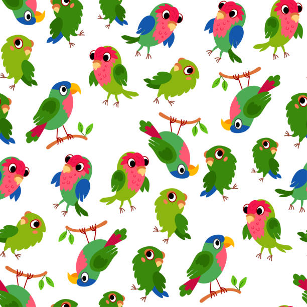 Seamless parrot background for kids. Cute children design Seamless parrot bird bullfinches background for kids. Cute children design template. Bright icons for textile, wrapping paper, greeting cards or posters for kindergarten blue budgies cartoons stock illustrations