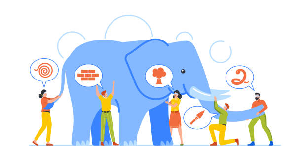 Different Perceptions Concept. Blindfolded Business People Touching Elephant Body Parts Blind Characters Idea, Viewpoint vector art illustration