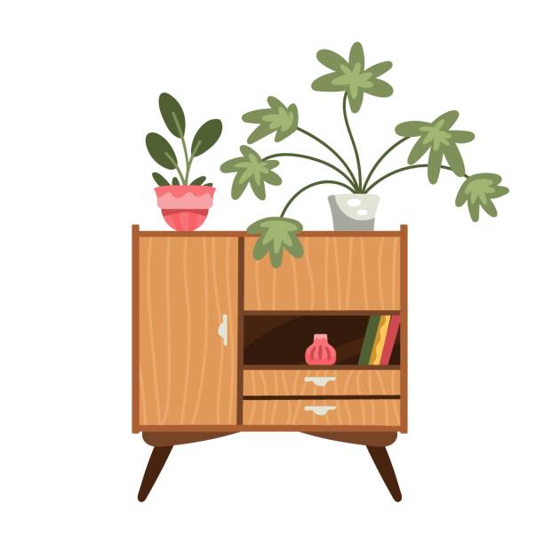 Retro wooden cabinet with houseplants, mid century modern furniture vector art illustration