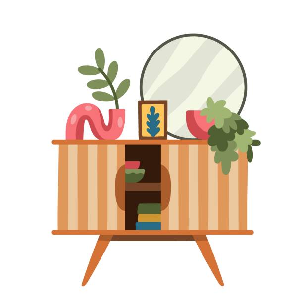 Retro wooden cabinet with houseplants and round mirror, mid century modern furniture vector art illustration