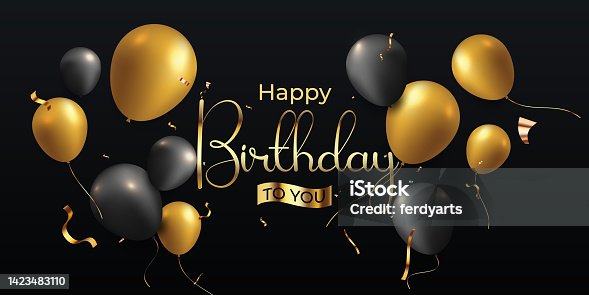 istock Happy birthday black and gold background with realistic 3d floating balloons and ribbon 1423483110