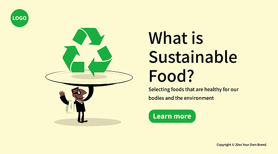 Characters Design Vector Art Illustration.
Slide or landing page layout.
In the concept of sustainable food and environmental protection, a smiling waiter is carrying a huge plate with a big recycling symbol on it.