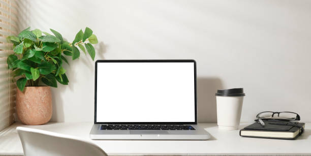 istock Bright modern working space with laptop, potted plant, coffee cup and notebook. White screen for your advertise text. 1423484021