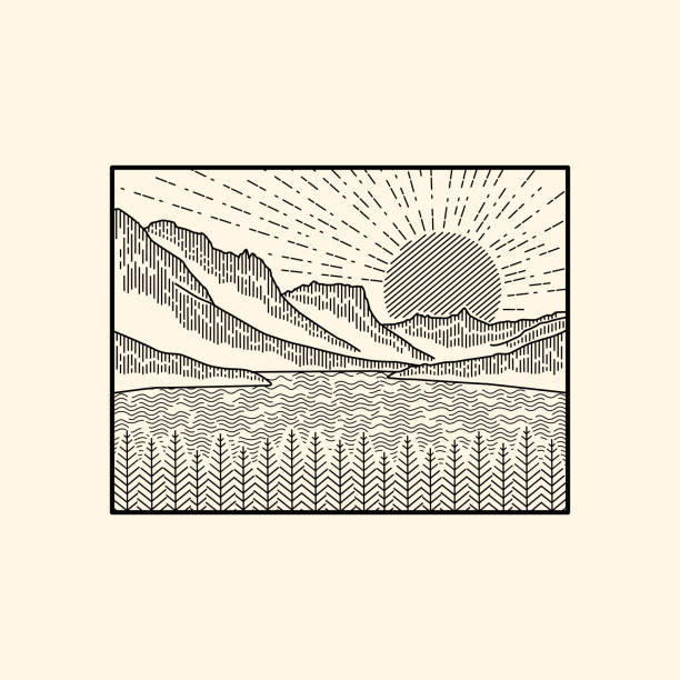 illustrations, cliparts, dessins animés et icônes de illustration du coucher de soleil à st. lake mary dans le montana glacier national dans le style mono line pour les badges, emblèmes, écussons, t-shirts, etc. - us glacier national park