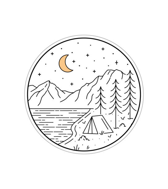 illustrazioni stock, clip art, cartoni animati e icone di tendenza di accampati nel grand teton national park di notte in arte monolinea, illustrazione vettoriale del distintivo, arte della maglietta, vettore del design - teton range illustrations