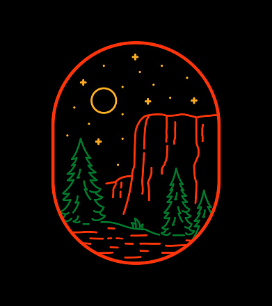 Landscape of El Capitan Yosemite National Park in mono line art, patch badge design, emblem design, T-Shirt Design