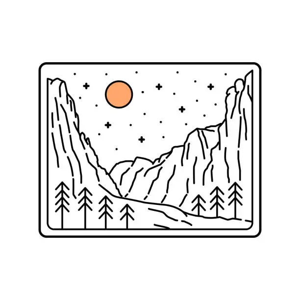 Vector illustration of View of Zion National Park with starry sky in mono line art, patch badge design, emblem design, T-Shirt Design