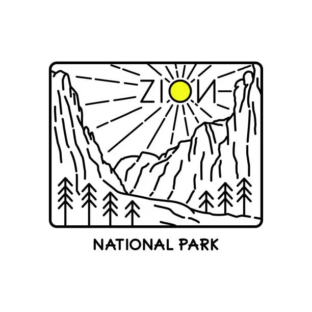 Vector illustration of Landscape of Zion National Park in mono line art, patch badge design, emblem design, T-Shirt Design