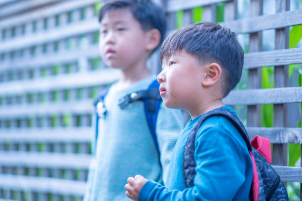 To small boys of Asian decent, stand side-by-side as they wait for the school bus to arrive.  They are both dressed casually and have backpacks n as they wait patiently.