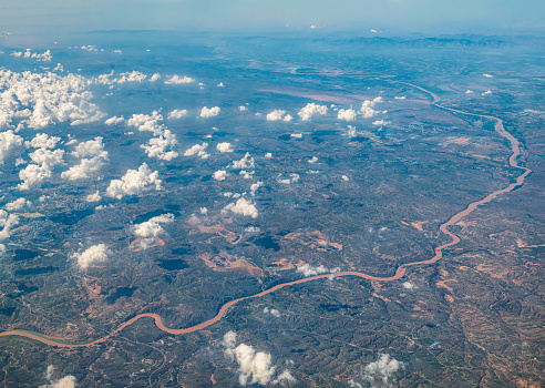 Fly from Beijing to Xining on August 5, 2022.This is the aerial photo- the River Huang he in China.