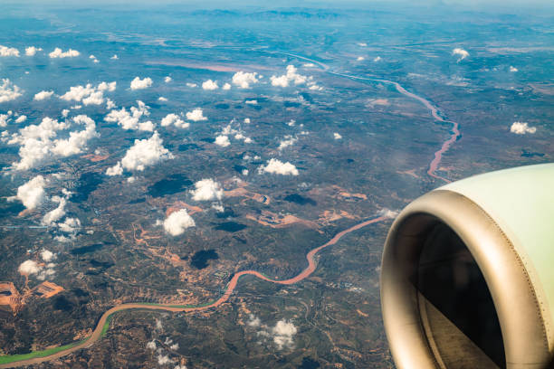 Fly from Beijing to Xining on August 5, 2022.This is the aerial photo- the River Huang he in China.