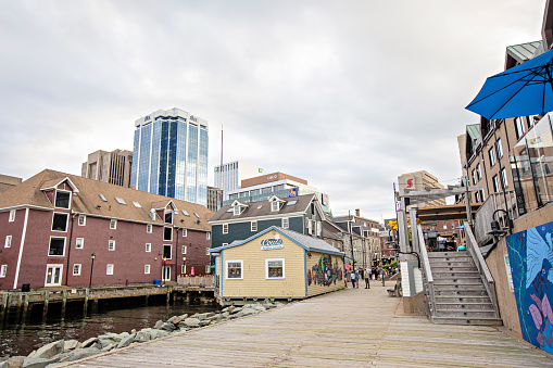 Halifax, Canada - August 28, 2022. The Halifax boardwalk hosts a variety of shops, restaurants, and photo ops for visitors.