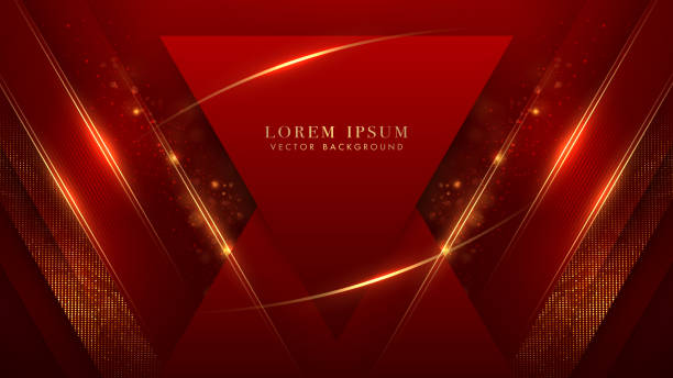 istock Red triangle with golden line, sparkle glowing effect, shine dots, and bokeh elements on red background 1423489608