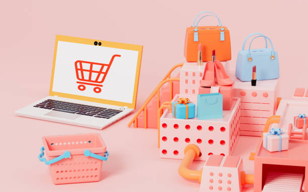 istock Computer and gifts with pink background, online shopping concept, 3d rendering. 1423490229