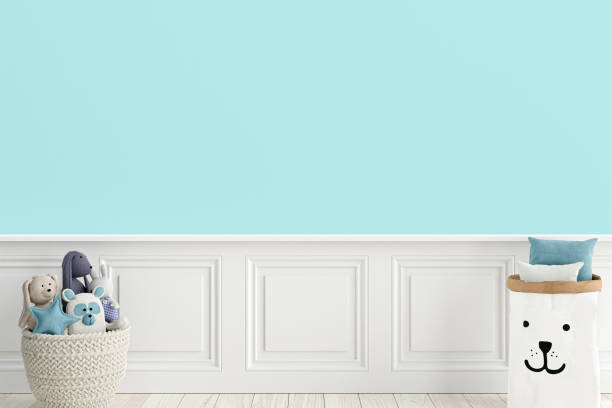 istock Kids playroom wall mockup, 3d rendered illustration with customizable background. 1423492398