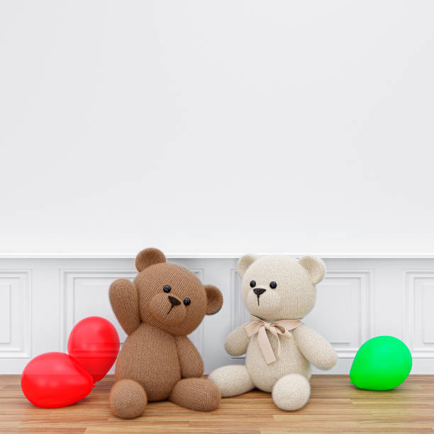 Black and white chess pattern fabric teddy bear sitting on black round soft cushion chair and one chair beside, on wood parquet floor, black wall background, front view, copy space, vertical