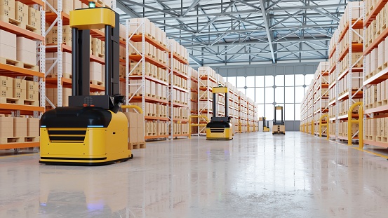 Forklift AGV efficiently sorting hundreds of parcels per hour automated guided vehicle.3d rendering
