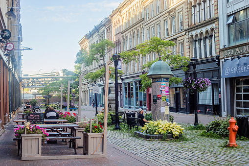 Halifax, Canada - August 28, 2022. Pedestrian-only Granville Street in downtown Halifax features restaraunts and galleries.