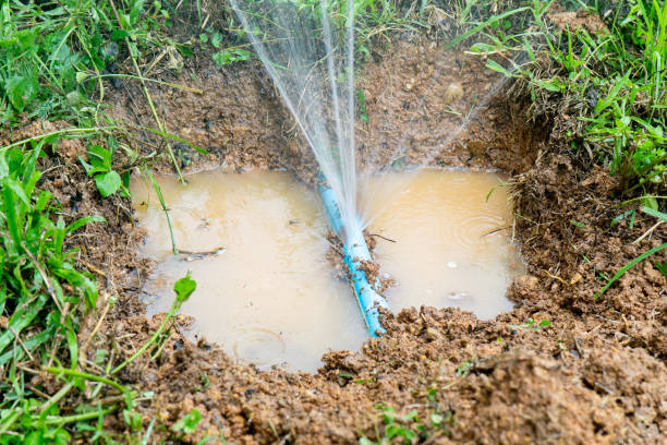istock Water pipe break,leaking from hole in a hose  connection joint of plastic pipes Water supply system,selective focus 1423496596