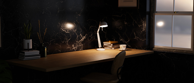 close-up image, Home working space at night with space on wooden tabletop, light from table lamp, accessories and black marble wallpaper. Workspace at night. 3d rendering, 3d illustration