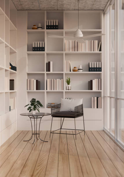 istock Modern contemporary reading room or library interior design with modern white built-in bookshelves 1423499065