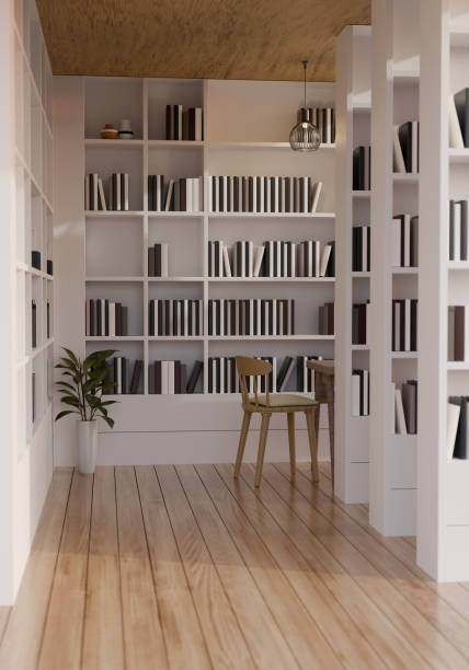 istock Modern minimal white library or bookstore interior design with built-in bookshelves 1423499076