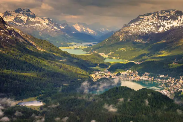 Celerina and Engadine Lakes, St Moritz, Silvaplana and Maloja from above Muottas Muragl, Switzerland