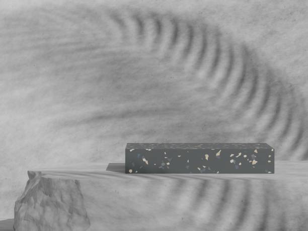 istock Abstract geometric composition with branch and shadow on the wall, Natural stone step pedestal. 3D render. Mock up for exhibitions. 1423503652